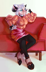  admiralobster anthro black_horn blue_eyes bottomwear bovid caprine clothed clothing eyelashes female full-length_portrait furniture hair hand_on_hip hi_res horn mammal on_sofa pink_body pink_bottomwear pink_clothing pink_nose pink_skirt pink_topwear portrait red_sofa signature simple_background sitting sitting_on_sofa skirt sofa solo topwear white_body white_hair white_horn 