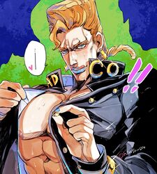  1boy bare_pectorals blonde_hair blue_eyes blue_lips braid diamond_wa_kudakenai flattop gakuran hatoyama_itsuru jojo_no_kimyou_na_bouken large_pectorals licking_lips male_focus muscular muscular_male nijimura_keicho no_shirt pectorals school_uniform solo sweat tongue tongue_out undressing 