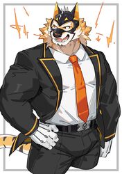  absurd_res anthro clothing felid fuguri fur gloves handwear hi_res lifewonders live_a_hero male mammal mask muscular muscular_anthro muscular_male necktie orange_body orange_fur pantherine pecs ryekie_(live_a_hero) smile solo spikes striped_body striped_fur stripes suit superhero tiger 