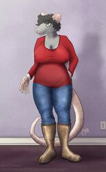  2020 5_fingers anthro bailey_armbruster big_breasts biped blue_bottomwear blue_clothing blue_pants boots bottomwear breasts buckteeth claws cleavage clothed clothing denim denim_bottomwear denim_clothing digital_media_(artwork) eyebrows female fingers footwear fully_clothed fur grey_body grey_claws grey_eyebrows grey_fur grey_hair hair hi_res jeans mammal murid murine oneflymagpie overweight overweight_anthro overweight_female pants pink_nose pink_tail rat red_clothing red_topwear rodent short_hair solo standing sweater tail teeth topwear yellow_eyes 