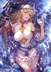  absurdres bare_shoulders blonde_hair blue_eyes blush breasts detached_sleeves dress female flower granblue_fantasy hair_between_eyes hair_flower hair_ornament hands_up highres jeanne_d&#039;arc_(granblue_fantasy) kakage large_breasts long_hair looking_at_viewer open_mouth partially_submerged sidelocks smile solo wet 