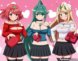  3girls absurdly_long_hair adjusting_hair alternate_costume artist_name bare_shoulders black_legwear blonde_hair blush bob_cut breasts casual cleavage cleavage_cutout closed_mouth clothing_cutout commentary commission contemporary covered_navel crop_top cropped_sweater english_commentary gem gift gradient_background green_eyes green_hair green_shirt hair_ornament hand_on_own_chest headpiece heart highres holding holding_gift incoming_gift jewelry large_breasts long_hair looking_at_viewer midriff multiple_girls mythra_(xenoblade) navel necklace patdarux photoshop_(medium) pink_background pneuma_(xenoblade) pose pyra_(xenoblade) red_eyes red_hair red_shirt ribbon shadow shiny_skin shirt short_hair shy skindentation skirt smile sparkle standing swept_bangs thighhighs thighs tiara valentine very_long_hair watermark white_shirt xenoblade_chronicles_(series) xenoblade_chronicles_2 yellow_eyes 