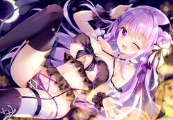  ameto_yuki blush bow breasts cameltoe demon erect_nipples garter_belt halloween long_hair oerba_yun_fang original pumpkin purple_eyes purple_hair scan stockings succubus tail wink wristwear 