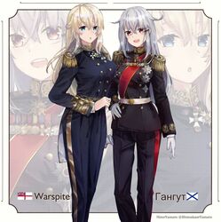  2girls blonde_hair blue_eyes breasts english_text epaulettes gangut_(kancolle) gloves grey_hair hair_between_eyes highres himeyamato kantai_collection long_hair medal military military_uniform multiple_girls open_mouth russian_text scar scar_on_face self-upload smile st._andrew&#039;s_flag twitter_username uniform warspite_(kancolle) white_ensign 