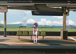  ahoge black_footwear blue_sky blush brown_hair cloud commentary_request day female headgear japanese_clothes kimono lamb_(hitsujiniku) long_hair long_sleeves looking_away looking_to_the_side mountain obi outdoors pleated_skirt purple_skirt sandals sash skirt sky solo tabi touhoku_kiritan train_station train_station_platform transmission_tower voiceroid white_kimono white_legwear wide_sleeves zouri 