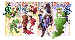  2boys 4girls armor armored_dress art_nouveau bad_id bad_pixiv_id bare_legs bare_shoulders black_armor black_footwear black_skirt blonde_hair blue_eyes blue_wings boots braid brown_eyes brown_legwear butterfly_wings closed_eyes cornelius_(odin_sphere) crown dress elfaria_(odin_sphere) flask flower frog full_armor full_body furry greaves green_dress green_flower green_rose green_wings grey_hair gwendolyn_(odin_sphere) hair_flower hair_ornament highres holding holding_sword holding_weapon ingway_(odin_sphere) insect_wings looking_at_another looking_at_viewer mercedes_(odin_sphere) messy_hair midriff multiple_boys multiple_girls navel odin_(odin_sphere) odin_sphere oswald_(odin_sphere) pointy_ears red_eyes red_skirt rose round-bottom_flask shoes short_hair skirt sword thigh_boots thighhighs tomoyuki_hino twin_braids velvet_(odin_sphere) weapon white_footwear wings 