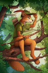  2021 4_toes 5_fingers absurd_res anthro arrow_(weapon) barefoot bottomless bow_(weapon) branch brown_pawpads bycocket canid canine claws clothed clothing digitigrade disney feet fingers fluffy fluffy_tail fox fur green_clothing hat hat_feather headgear headwear hi_res in_tree inner_ear_fluff leaf loose_feather male mammal orange_body orange_fur pawpads paws plant quiver_(object) ranged_weapon red_fox robin_hood robin_hood_(disney) sitting solo tail toes tree true_fox tuft weapon yakovlev-vad 