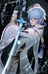  1boy absurdres arm_guards black_background black_gloves blue_hair coat cowboy_shot genshin_impact gloves gold_trim highres kamisato_ayato leaning_back light_blue_hair long_coat long_sleeves looking_at_viewer looking_back male_focus neekosiah petals purple_eyes ripples short_hair sidelocks simple_background smile solo tassel water water_drop white_coat 