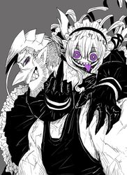  1boy black_gloves black_tank_top demon_boy demon_girl demon_horns drake_(mazohaha) evil_grin evil_smile female gloves goth_fashion gothic_lolita grey_background grin highres horns husband_and_wife lolita_fashion middle_finger musuko_ga_kawaikute_shikatanai_mazoku_no_hahaoya nightmare_(mazohaha) purple_eyes sharp_teeth simple_background smile tank_top teeth tongue tongue_out zyugoya 