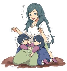  1boy 2girls aged_down alternate_costume blue_eyes blue_hair brother_and_sister byleth_(female)_(fire_emblem) byleth_(fire_emblem) byleth_(male)_(fire_emblem) closed_mouth commentary fire_emblem fire_emblem:_three_houses highres long_hair mother_and_daughter mother_and_son multiple_girls open_mouth overalls protected_link short_hair short_sleeves siblings simple_background sitri_(fire_emblem) sitting souen_senri translated white_background 