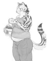  2022 5_fingers anthro belly belly_peeking_out black_and_white bottomwear breasts bucket cettus cheetah clothed clothing container cutlery denim denim_bottomwear denim_clothing dessert elaina_(chonkcatcentral) felid feline female fingers food holding_bucket holding_container holding_food holding_object holding_spoon ice_cream jeans king_cheetah kitchen_utensils mammal midriff monochrome overweight overweight_anthro overweight_female pants shirt simple_background solo spoon standing striped_body stripes tail tank_top tools topwear weight_gain white_background 