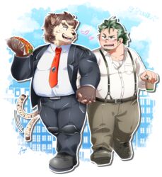  2021 3pdta absurd_res anthro blush bottomwear brown_body brown_fur canid canine canis clothing dog_operator domestic_dog duo eyewear food fur glasses hand_holding hi_res kemono lifewonders live_a_hero male male/male mammal necktie outside overweight overweight_male pants protagonist_(live_a_hero) shirt subaru_nobeyama tail tail_motion tailwag topwear 