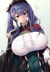  azur_lane beret black_cape black_dress black_hat bra_visible_through_clothes breasts cape center_frills covered_navel dress dutch_angle female framed_breasts frills gloves green_dress hat heart highres huge_breasts ibara_azuki italian_flag long_hair looking_at_viewer pola_(azur_lane) purple_eyes purple_hair skindentation solo taut_clothes taut_dress two-tone_cape upper_body white_gloves 