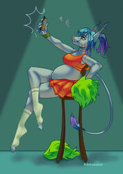  admiralobster anthro belly big_belly blue_hair bottomwear cheerleader cheerleader_outfit clothed clothing crossed_legs ear_tuft eyelashes female full-length_portrait grey_body hair heart_symbol hi_res multicolored_hair narrowed_eyes orange_bottomwear orange_clothing orange_eyes orange_skirt orange_topwear pom_poms portrait pregnant purple_hair side_view simple_background sitting skirt smile solo striped_neck topwear tuft two_tone_hair 