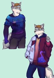  2022 anthro bottomwear brown_hair candy canid canine clothed clothing colored corsac_fox dessert digital_media_(artwork) fashion fist food fox fully_clothed fur grey_body grey_fur hair hand_in_pocket hi_res hoodie inner_ear_fluff lollipop looking_at_viewer looking_away male mammal mnesis multiple_images pants pockets pose shirt simple_background smile solo standing super-nova tail text text_on_clothing text_on_topwear tokyoteddybear topwear true_fox tuft 