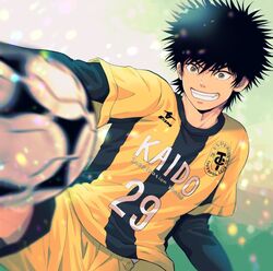  1boy ao_ashi ball black_hair day green_eyes grin ika_choco jersey male_focus motoki_yuuma outdoors short_hair shorts smile soccer_ball soccer_uniform solo spiked_hair sportswear yellow_shorts 