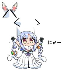  :3 animal_ears arms_up bad_id bad_twitter_id black_gloves black_leotard blue_hair blush bow braid brown_eyes carrot_hair_ornament closed_mouth detached_ears detached_sleeves don-chan_(usada_pekora) dress female food-themed_hair_ornament fur-trimmed_gloves fur_trim gloves hair_ornament hairbow hololive inactive_account kanikama leotard long_hair multicolored_hair puffy_short_sleeves puffy_sleeves rabbit_ears short_eyebrows short_sleeves solo squid_costume strapless strapless_dress strapless_leotard thick_eyebrows translation_request twin_braids twintails two-tone_hair usada_pekora usada_pekora_(1st_costume) virtual_youtuber white_background white_bow white_dress white_hair white_sleeves 