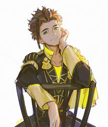  1boy alzi_xiaomi arm_up beige_background black_jacket black_pants braid brown_hair cape chair claude_von_riegan closed_mouth collar collarbone collared_jacket dark_skin dark_skinned_male ear_piercing earrings fire_emblem fire_emblem:_three_houses garreg_mach_monastery_uniform green_eyes highres jacket jewelry long_sleeves looking_at_viewer male_focus pants piercing short_hair side_braid signature simple_background sitting smile solo spiked_hair thick_eyebrows two-tone_jacket uniform upper_body yellow_cape yellow_jacket 