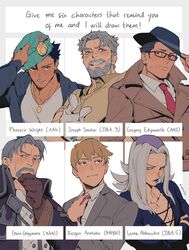  6+boys ace_attorney_investigations ace_attorney_investigations_2 apollo_justice:_ace_attorney beard blush character_name coat commentary copyright_name english_commentary english_text facial_hair formal genn_greymane green_eyes gregory_edgeworth gyakuten_saiban highres jojo_no_kimyou_na_bouken joseph_joestar joseph_joestar_(old) leone_abbacchio lipstick makeup male_focus mature_male mob_psycho_100 multiple_boys multiple_drawing_challenge naruhodou_ryuuichi necktie old old_man pectorals pointing pointing_at_viewer purple_lips reigen_arataka six_fanarts_challenge spiked_hair stardust_crusaders toned toned_male vento_aureo warcraft world_of_warcraft worvies 