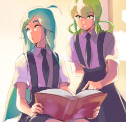  2others alexandrite_(houseki_no_kuni) aqua_hair azuumori black_necktie black_skirt blue_eyes book closed_mouth collared_shirt commentary english_commentary gem_uniform_(houseki_no_kuni) green_eyes green_hair holding holding_book houseki_no_kuni jade_(houseki_no_kuni) long_skirt multiple_others necktie open_book other_focus pointing purple_shirt shirt sitting skirt smile suspender_skirt suspenders wing_collar 