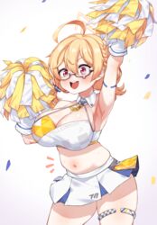  ? absurdres ahoge arm_up armlet armpits bare_shoulders black-framed_eyewear blonde_hair blue_archive blue_skirt blush braid breasts character_name cheerleader cleanerjay cleavage collarbone commentary_request confetti cowboy_shot crop_top female glasses gloves hair_between_eyes halo highres holding holding_pom_poms kotori_(blue_archive) kotori_(cheer_squad)_(blue_archive) large_breasts midriff millennium_cheerleader_outfit_(blue_archive) muffin_top navel notice_lines open_mouth pleated_skirt plump pom_pom_(cheerleading) red_eyes short_twintails simple_background skirt solo spaghetti_strap sweat teardrop-framed_glasses teeth thighlet triangle_halo twintails upper_teeth_only white_background white_gloves white_skirt yellow_halo 