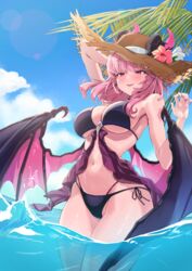  absurdres akashic_chronicle alice_(akashic_chronicle) bare_arms bare_shoulders bikini black_bikini black_horns black_wings blue_sky breasts brown_hat cleavage day demon_girl demon_horns demon_wings female fingernails flower hat hat_flower highres horns large_breasts large_wings long_fingernails long_hair looking_at_viewer nail_polish navel ocean outdoors palm_tree pink_eyes pink_flower pink_hair pink_nails pink_wings purple_wings red_horns revision sharp_fingernails side-tie_bikini_bottom sky smile solo straw_hat summer swimsuit tree underboob wading white_flower wings yan.c 