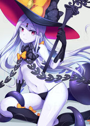  abigail_williams_(fate) abigail_williams_(third_ascension)_(fate) bare_shoulders black_bow black_hat black_panties blush bow breasts colored_skin fate/grand_order fate_(series) female forehead hairbow hat hat_bow highres key keyhole long_hair looking_at_viewer navel orange_bow panties parted_bangs polka_dot polka_dot_bow red_eyes ryofuhiko small_breasts smile solo staff tentacle thighs third_eye underwear white_hair white_skin witch_hat 