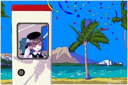  arm_up artist_request beach beret black_bow black_bowtie black_hat blue_sky blush bow bowtie brown_eyes brown_hair building castle clear_sky collar collared_shirt conch day female flower hair_flower hair_ornament hat hatoba_tsugu highres landscape long_sleeves looking_at_viewer mole mole_under_eye mountain ocean open_mouth outdoors palm_tree phone phone_booth shell_to_ear shirt shore sky smile solo source_request tree tsugu_(vtuber) upper_body virtual_youtuber water white_flower white_shirt window 