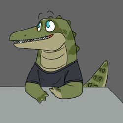  1:1 alligator alligatorid animated anthro benji_(artist) benji_alligator_(benji) blush braces closed_eyes clothing crocodilian happy hi_res later_alligator looking_at_viewer loop male patting reptile scalie semi-anthro shirt short_playtime smile solo topwear 