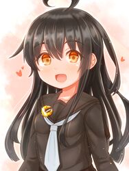  :d absurdres ahoge black_hair black_sailor_collar black_serafuku blush breasts collarbone commentary_request crescent crescent_pin female hair_between_eyes heart highres kantai_collection long_hair long_sleeves mikazuki_(kancolle) necktie open_mouth sailor_collar school_uniform serafuku small_breasts smile solo suzushiro_(gripen39) upper_body white_necktie yellow_eyes 