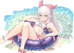  anklet bandeau bare_arms bikini bikini_skirt breasts caustics choker closed_mouth collarbone feet_out_of_frame female food granblue_fantasy innertube jewelry long_hair medusa_(shingeki_no_bahamut) medusa_(summer)_(granblue_fantasy) oerba_yun_fang pointy_ears ponytail popsicle ruga_(orage38) sitting skin_fang small_breasts smile solo swim_ring swimsuit thighs twitter_username v-shaped_eyebrows water white_bikini white_hair yellow_eyes 