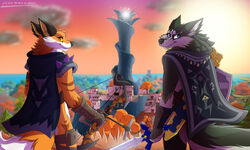  anthro anthrofied blue_eyes bow_(weapon) canid canine canis cape clothing countershading crossover duo epic_games fennix_(fortnite) fortnite fox fur leo-wolf looking_at_viewer looking_back looking_back_at_viewer male mammal master_sword melee_weapon multicolored_body multicolored_fur nintendo outside ranged_weapon red_eyes red_fox shoulder_pads smile sword the_legend_of_zelda true_fox two_tone_body two_tone_fur weapon wolf wolf_link 