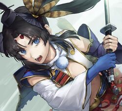  armor asymmetrical_sleeves black_hair blue_eyes breast_curtains breasts detached_sleeves fate/grand_order fate_(series) feather_hair_ornament feathers female hair_bun hair_ornament hat holding holding_sword holding_weapon japanese_armor katana kouzuki_kei long_hair looking_at_viewer medium_breasts mismatched_sleeves open_mouth parted_bangs revealing_clothes side_ponytail sidelocks single_hair_bun single_side_bun solo sword tate_eboshi ushiwakamaru_(fate) very_long_hair weapon white_sleeves wide_sleeves 