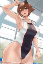  :d alternate_costume arm_up armpits black_one-piece_swimsuit breasts brown_hair collarbone commentary_request commission competition_swimsuit day female green_eyes hair_between_eyes headgear highleg highleg_swimsuit highres indoors kantai_collection kusaka_souji large_breasts looking_at_viewer mutsu_(kancolle) one-piece_swimsuit partially_submerged pool short_hair sideboob skeb_commission smile solo standing swimsuit teeth two-tone_swimsuit upper_teeth_only wet white_one-piece_swimsuit 