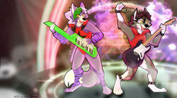  2022 absurd_res canid canine canis collar detailed_background digital_media_(artwork) duo electric_guitar female fender_musical_instruments_corporation five_nights_at_freddy&#039;s five_nights_at_freddy&#039;s:_security_breach guitar hair hi_res kitsune_udon_(artist) long_hair male male/female mammal multicolored_body musical_instrument plucked_string_instrument rock roxanne_wolf scottgames spiked_collar spikes steel_wool_studios stratocaster string_instrument wolf wolfred_volk_(romeodog) yellow_eyes 