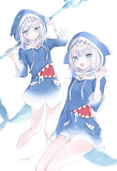  :d absurdres animal_costume animal_hood bad_id bad_pixiv_id blue_eyes blue_hair blue_hoodie blunt_bangs blush claw_pose cowboy_shot eyelashes female fins fish_tail gawr_gura gawr_gura_(1st_costume) grey_hair highres holding holding_weapon hololive hololive_english hood hoodie looking_at_viewer mashiro_shiki medium_hair multicolored_hair multiple_views open_mouth parted_lips polearm shark_costume shark_girl shark_hood shark_tail sharp_teeth simple_background smile streaked_hair tail teeth trident upper_teeth_only virtual_youtuber weapon white_background wide_sleeves 