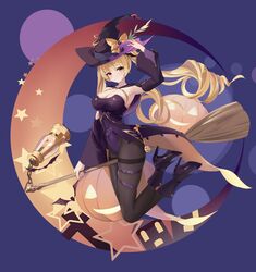  absurdly_long_hair absurdres azur_lane black_pantyhose blonde_hair breasts broom broom_riding cleavage detached_sleeves female gem halloween_costume hat high_heels highleg highleg_leotard highres jack-o&#039;-lantern large_breasts leotard long_hair nelson_(azur_lane) nelson_(luna_witch)_(azur_lane) official_alternate_costume pantyhose purple_footwear purple_leotard red_eyes red_gemstone skindentation solo strapless strapless_leotard taut_leotard thigh_strap very_long_hair wide_sleeves witch_hat yuuraku_yuraku 