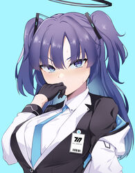  barcode black_gloves black_jacket blue_archive blue_background blue_eyes blue_necktie breasts enryuu_(rmxs3488) female gloves hair_ornament halo highres id_card jacket long_hair necktie off_shoulder purple_hair shirt solo sweat two_side_up upper_body white_jacket white_shirt yuuka_(blue_archive) 