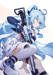  ahoge asc11 bare_shoulders blue_eyes blue_hair blue_nails boots breasts chinese_commentary closed_mouth commentary_request dress female fingerless_gloves gloves gun hair_between_eyes hair_ornament highres holding holding_gun holding_weapon honkai_(series) honkai_impact_3rd long_hair looking_at_viewer nail_polish one_eye_closed ponytail rifle shigure_kira simple_background single_thighhigh smile solo thighhighs weapon white_background white_footwear white_thighhighs 