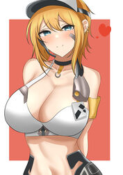  armband arms_behind_back arn7 bandaid bandaid_on_cheek bandaid_on_face bare_shoulders black_choker blonde_hair blue_eyes blush breasts choker cleavage closed_mouth collarbone commentary cowboy_shot ear_piercing earpiece female goddess_of_victory:_nikke hair_between_eyes heart highres large_breasts looking_at_viewer maxwell_(nikke) mechanical_legs midriff navel piercing short_hair short_hair_with_long_locks sidelocks smile solo sports_bra standing visor_cap white_sports_bra 