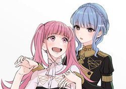  2girls artist_name blue_hair braid brown_eyes commentary crown_braid fire_emblem fire_emblem:_three_houses garreg_mach_monastery_uniform hilda_valentine_goneril holding_hands long_hair long_sleeves marianne_von_edmund multiple_girls open_mouth pink_eyes pink_hair simple_background twintails uniform upper_body white_background yudepan_(yuri_no_sugata) 