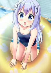  :d all_fours blue_eyes blue_hair blue_one-piece_swimsuit collarbone commentary_request competition_school_swimsuit dated dutch_angle female gochuumon_wa_usagi_desu_ka? hair_ornament highres inakami indoors innertube kafuu_chino leaning_forward long_hair looking_at_viewer one-piece_swimsuit open_mouth pool school_swimsuit signature smile solo swim_ring swimsuit x_hair_ornament 