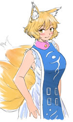  absurdres adapted_costume animal_ear_fluff animal_ears bad_id bad_twitter_id bare_arms bare_shoulders blonde_hair blush breasts dress female fox_ears fox_tail highres large_breasts light_smile looking_to_the_side multiple_tails no_headwear sen_(daydream_53) short_hair simple_background sleeveless solo tabard tail touhou white_background white_dress yakumo_ran yellow_eyes 