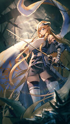  absurdly_long_hair absurdres arknights bare_shoulders black_skirt blonde_hair blue_eyes blue_hairband breasts commentary elbow_gloves female flag gloves hairband highres holding holding_sword holding_weapon horns large_breasts long_hair mazel_(mazel_star) miniskirt saileach_(arknights) shirt skirt solo standard_bearer standing sword thighhighs very_long_hair weapon white_shirt white_thighhighs zettai_ryouiki 