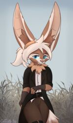  anthro belt blue_eyes bottomwear brown_body brown_fur canid canine clothed clothing coat coffeefly eyewear fennec_fox fox fur gloves goggles grass handwear hi_res inner_ear_fluff mammal melody_(aseethe) pants plant shirt solo standing topwear trenchcoat true_fox tuft 