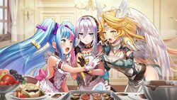  3girls alternate_costume blonde_hair blue_eyes blush chocolate food frills fruit green_eyes hel_(valkyrie_connect) highres indoors long_hair multiple_girls official_art open_mouth skuld_(valkyrie_connect) sweat teeth twintails upper_teeth_only valkyrie_connect viola_(valkyrie_connect) wings 