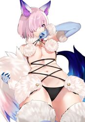  adapted_costume animal_ears bad_id bad_twitter_id blue_gloves blue_tail breasts closed_mouth cosplay cross-laced_clothes elbow_gloves fate/grand_order fate_(series) female fou_(fate) fou_(fate)_(cosplay) from_below fur_trim gloves hair_over_one_eye highres holding_own_tail looking_at_viewer mash_kyrielight mash_kyrielight_(dangerous_beast) medium_breasts navel official_alternate_costume pink_eyes pink_hair revealing_clothes short_hair simple_background sino42 solo standing tail thighhighs thighs white_background white_tail 