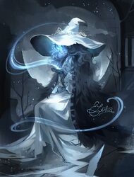  blue_hair blue_skin cloak closed_mouth colored_skin dress elden_ring elentori extra_arms extra_faces female from_side full_moon fur_cloak hands_up hat highres long_dress magic moon ranni_the_witch signature sitting solo white_dress white_hat witch_hat 