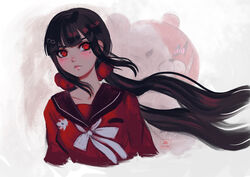  artist_name black_hair blunt_bangs blush bow collarbone commentary cropped_torso danganronpa_(series) danganronpa_v3:_killing_harmony english_commentary female floating_hair hair_ornament hairclip harukawa_maki lips long_hair looking_at_viewer low_twintails missarilicious mole mole_under_eye monotaro_(danganronpa) red_eyes red_scrunchie red_shirt sailor_collar school_uniform scrunchie serafuku shirt solo twintails upper_body very_long_hair white_background 