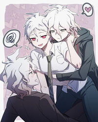  3boys :d absurdres black_pants blush brown_jacket danganronpa_(series) danganronpa_2:_goodbye_despair danganronpa_3_(anime) dual_persona green_jacket hair_between_eyes heart highres hinata_hajime hinata_hajime_(awakened) hug hug_from_behind jacket komaeda_nagito looking_at_another male_focus messy_hair multiple_boys open_clothes open_jacket open_mouth pants red_eyes shirt short_hair smile spoken_heart white_hair yaoi ziling 